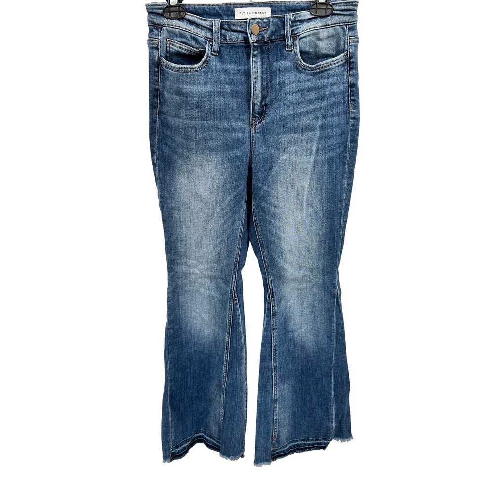 Flying Monkey High Rise Flare Jeans Medium Wash Raw Hem Size 29